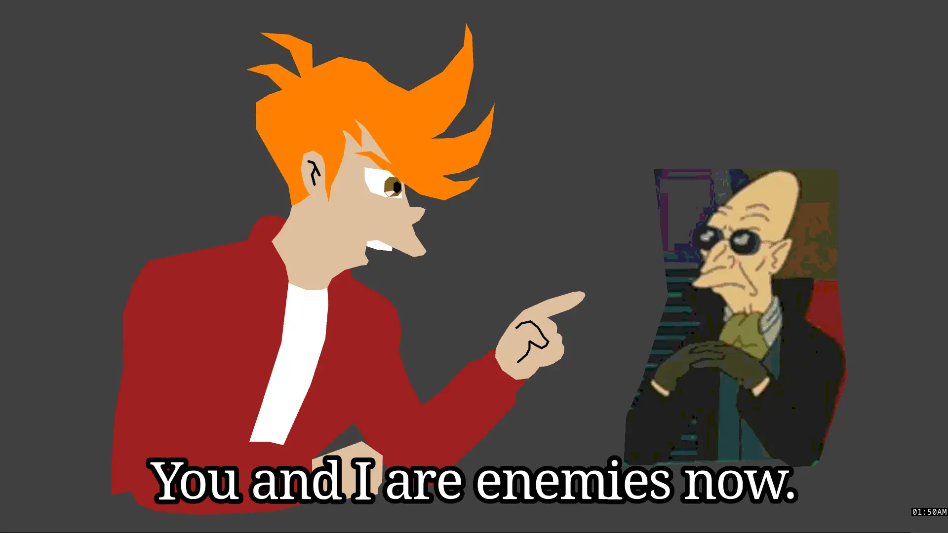 A simplified polygonal scene, originally from Futurama scene that's styled like anime. Fry is saying "You and I are enemies now." while pointing at a jpegified Professor Farnsworth. Meta note: The scene was made in the Godot game engine.