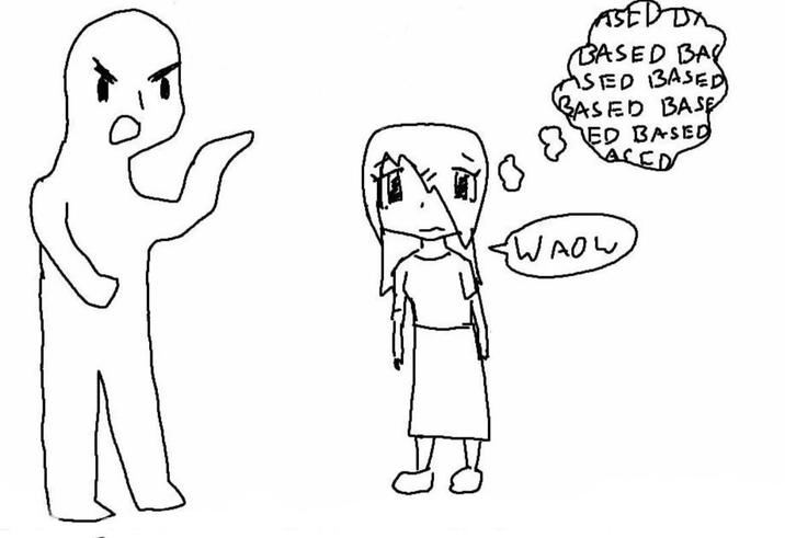 Sketch of a woman saying "waow" while thinking "based based based"