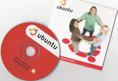 An early Ubuntu CD release showing the three people hugging image associated with the Ubuntu logo.