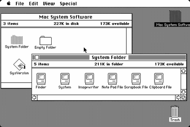 A screenshot of the first version of MacOS from 1984